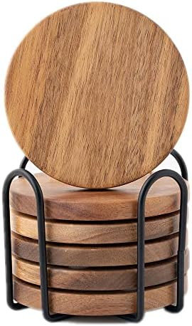 Wood Coasters for Drinks with Holder, 6 Pcs Acacia Wooden Coasters Round with Non-Slip Pad Furni... | Amazon (US)