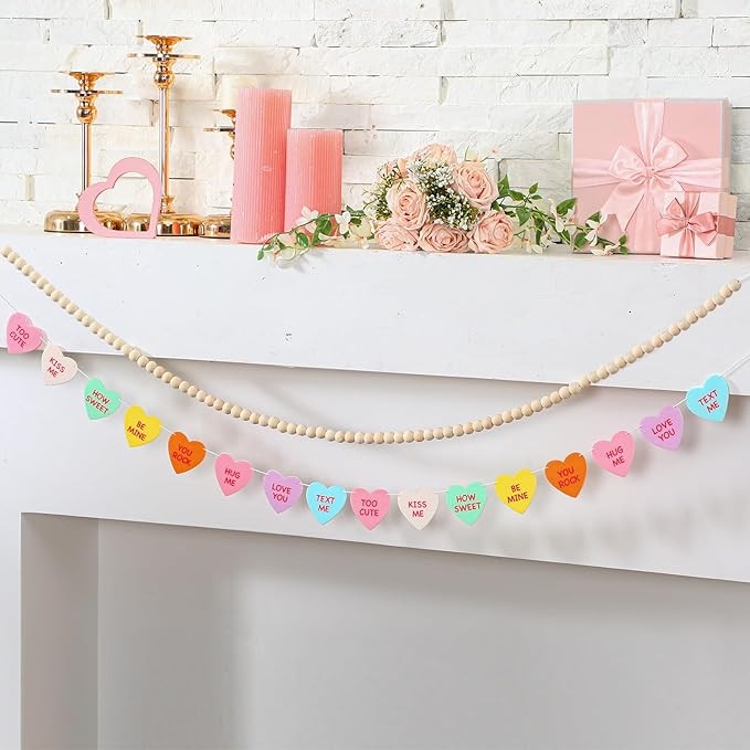 2 Pcs Valentine's Day Garland Conversation Heart Banner Garland for Mantle Felt Valentines Candy ... | Amazon (US)