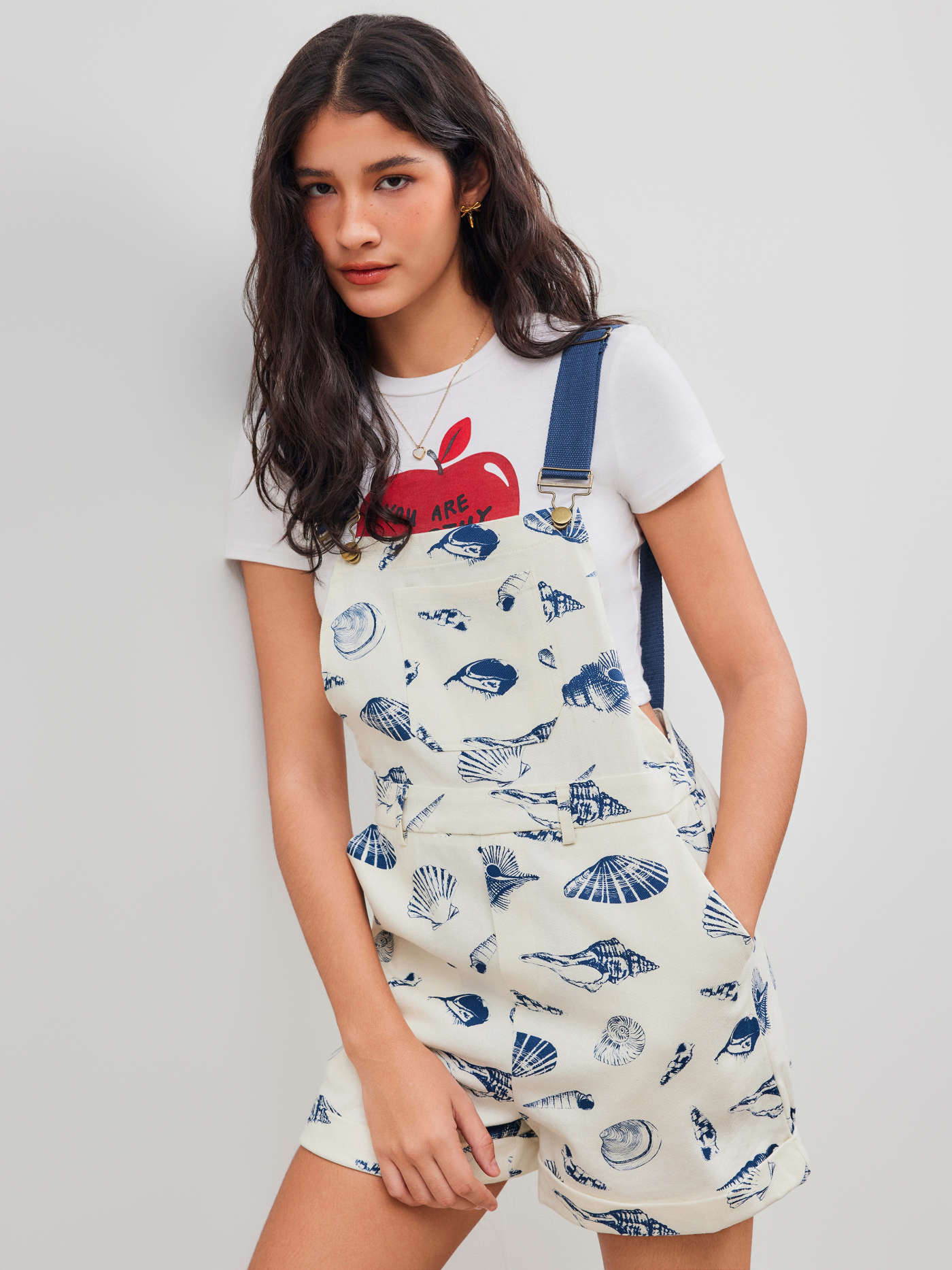 Woven Square Neck Shell Graphic Pocket Romper For School Daily Casual | Cider