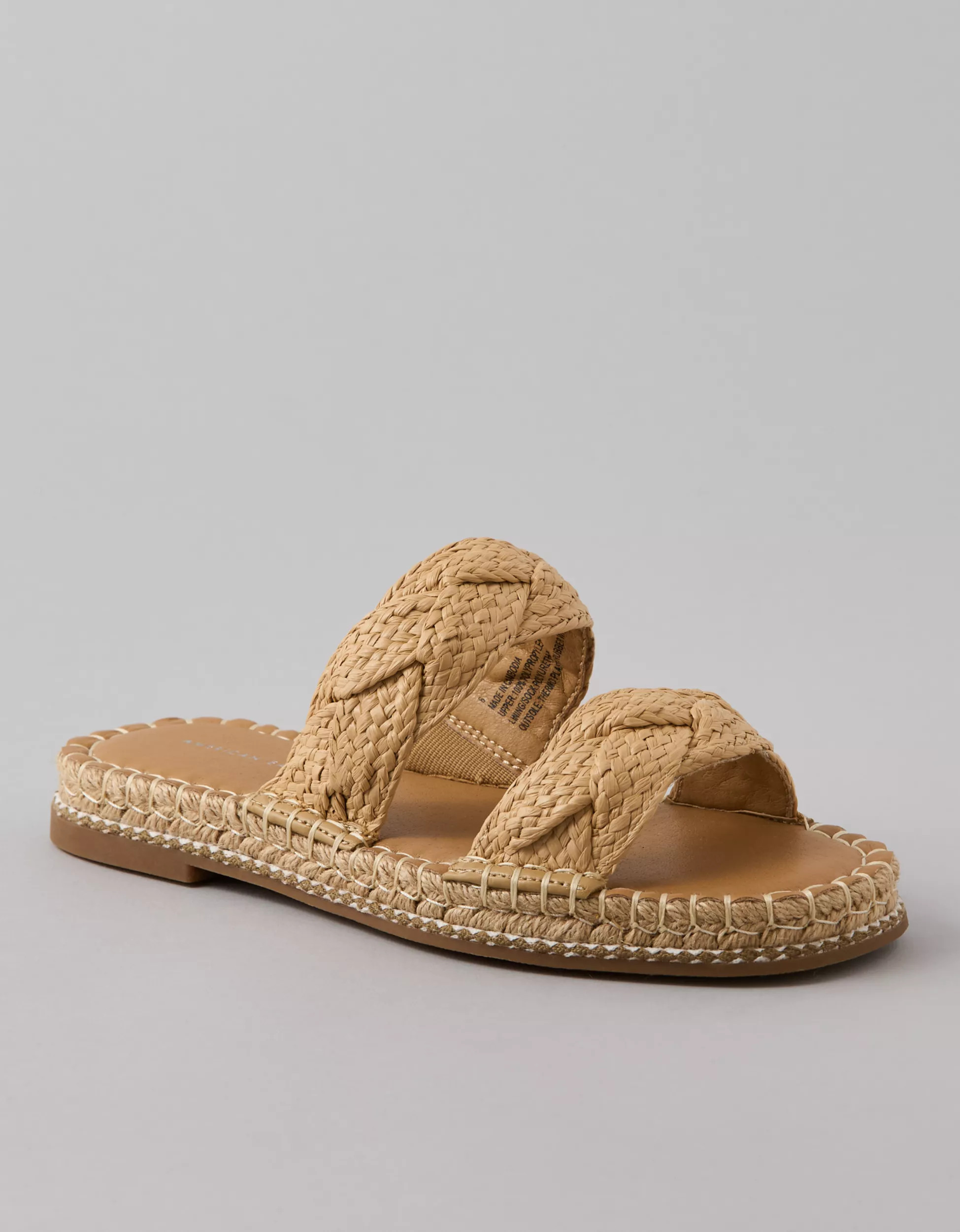 AE Double Strap Raffia Slide Sandal | American Eagle Outfitters (US & CA)