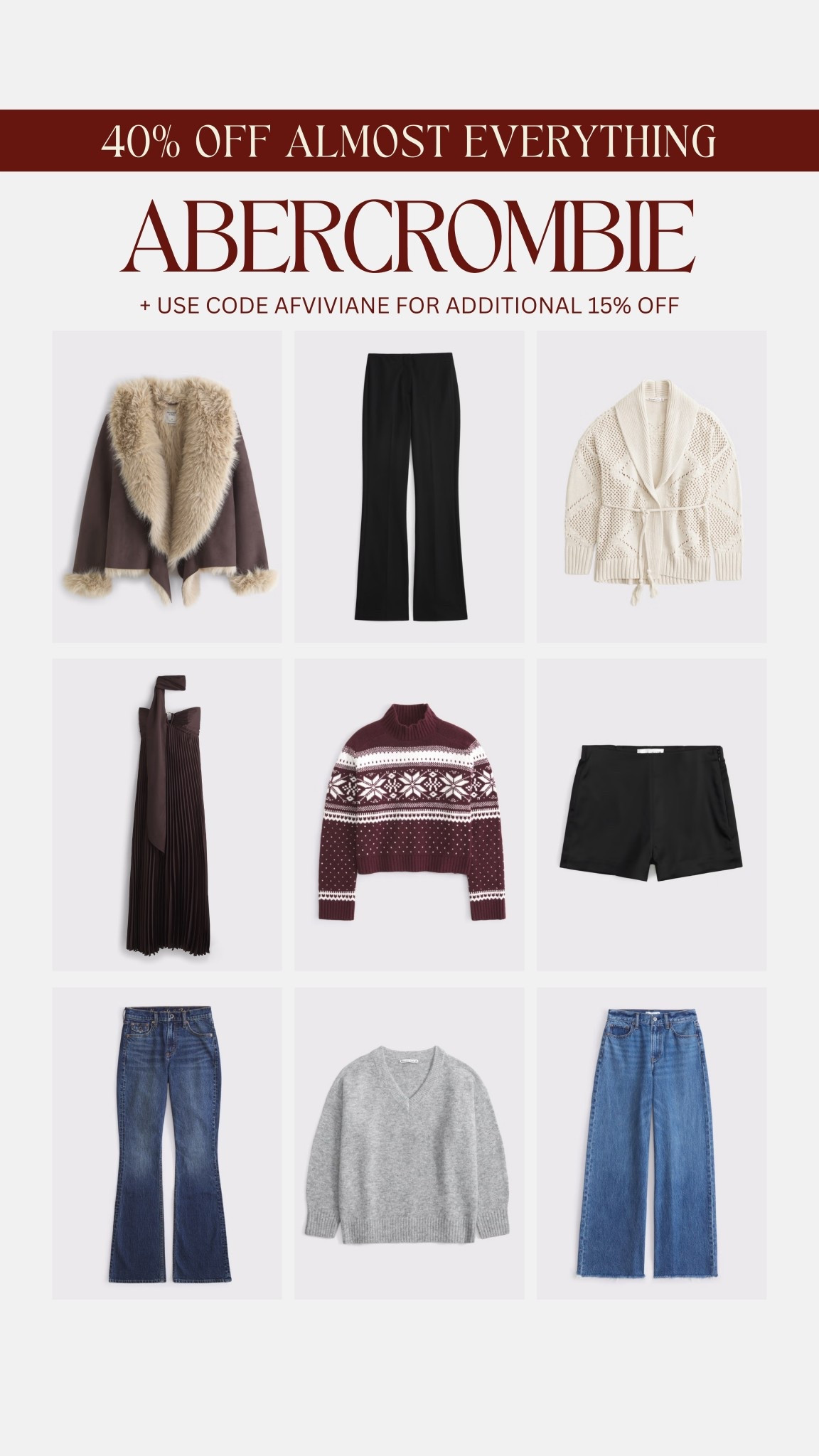 [12/12/25] my abercrombie code is live!! 40% off everything + stackable 15% with code AFVIVIANE | Offer valid online only 12/9/2025-12/24/2025 in US/CA. Exclusions apply as indicated. Online price reflects discount. Use code AFVIVIANE to get an additional 15% off almost everything in stores and online at checkout from 12/12/2025-12/15/2025 in US/CA. Exclusions apply. See details online.

#LTKPetite #LTKSeasonal #LTKSaleAlert