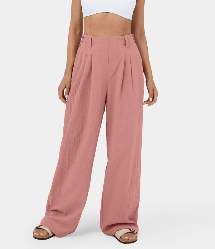 High Waisted Plicated Side Pocket Wide Leg Flowy Solid Palazzo Casual Cotton Pants | HALARA