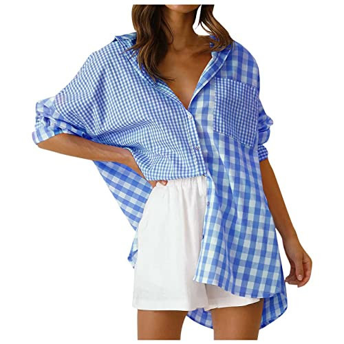 Oversized Flannel For Woman Loose Fit Button Down Casual Plaid Shacket Long Sleeve Comfy Shirt Jackets With Pockets womens shacket jacket Sky Blue L | Amazon (US)