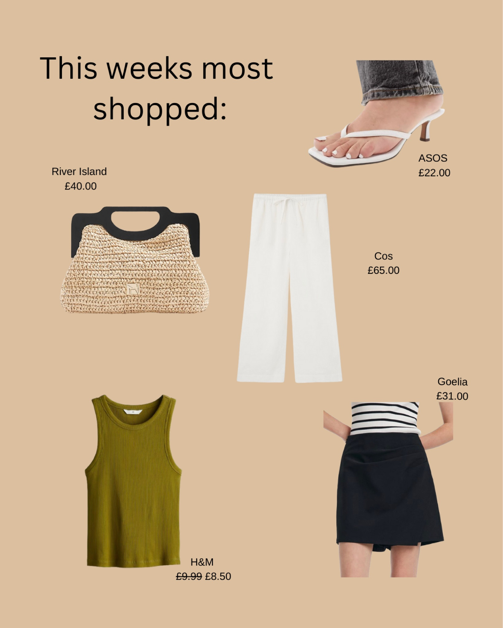 This weeks most shopped items 🤍
H&M ribbed vest top, river island summer bag, clutch bag, cos linen trousers, asos white kitten heels, Goelia black skirt 

#LTKstyletip #LTKeurope #LTKsummer