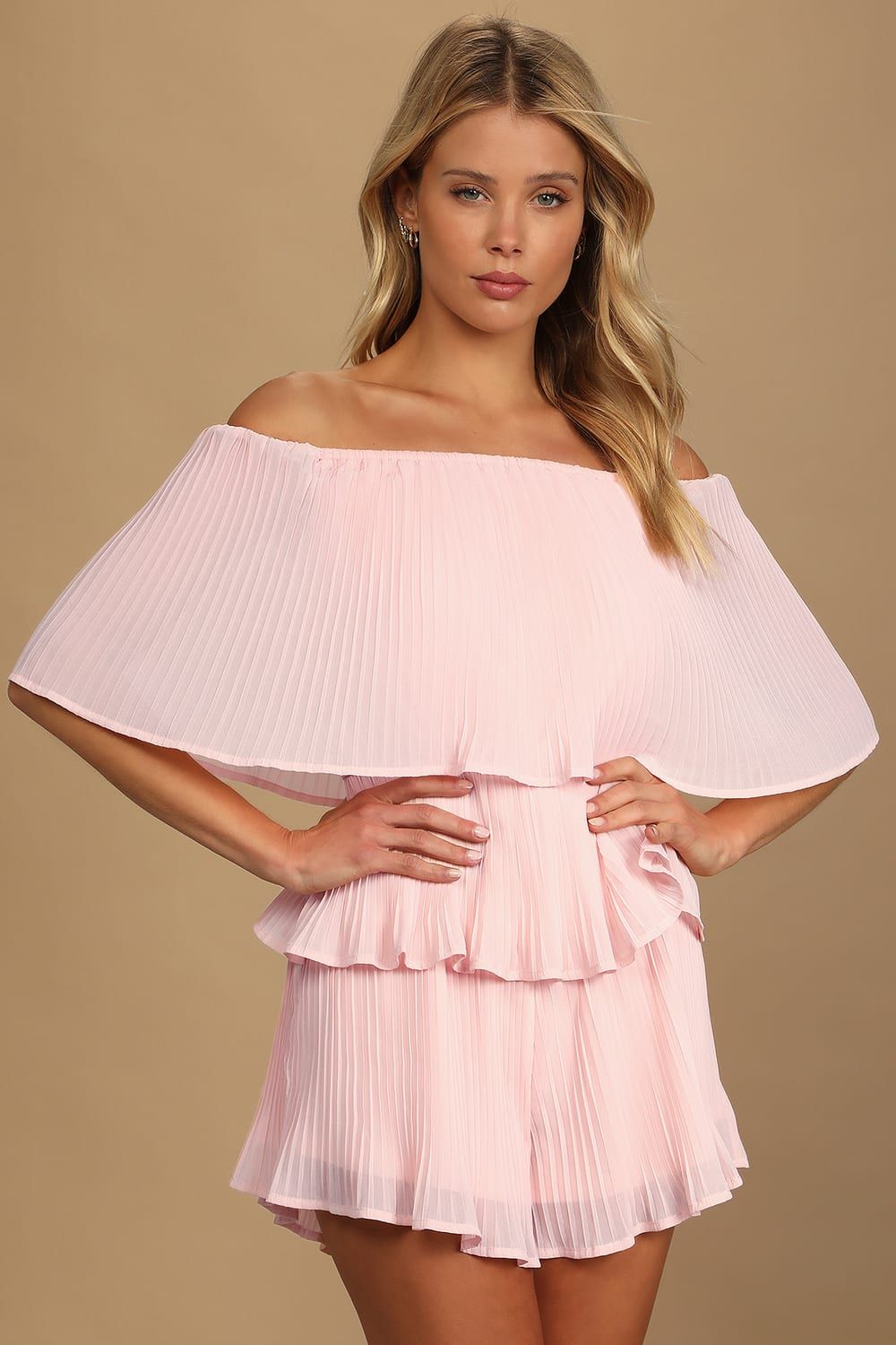 Gala Ready Light Pink Pleated Off-the-Shoulder Romper | Lulus