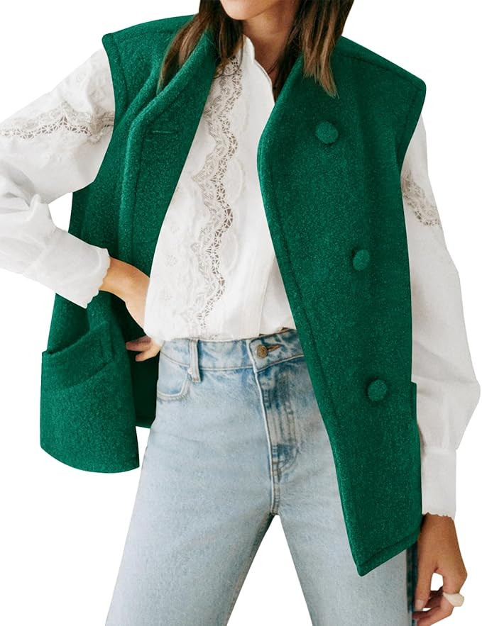 Womens Vest Outerwear 2024 Trendy Fall Winter Casual Button-Down Sleeveless Jacket Vest Tops with... | Amazon (US)