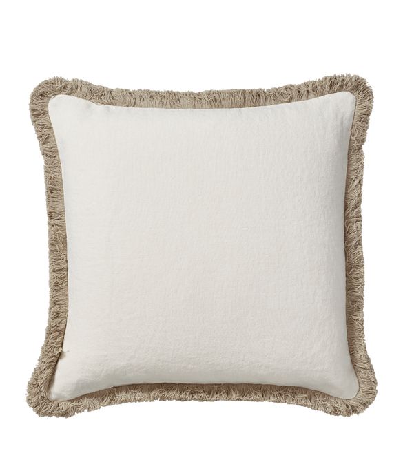 Stonewashed Linen Pillow Cover With Fringing - Off-White | OKA US