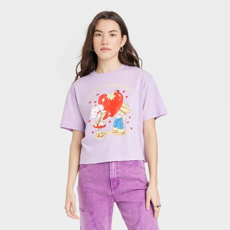 Women's Strawberry Shortcake Short Sleeve Cropped Graphic T-Shirt - Purple | Target