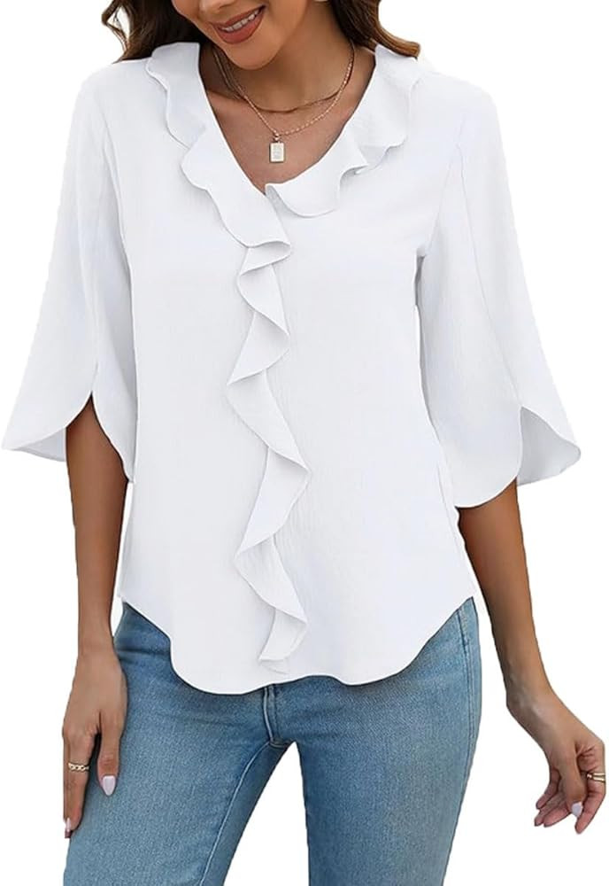 ABINGOO Damen Chiffon Bluse V-Ausschnitt Rüschensaum Loose Tunika 3/4-Ärmeln Elegant Tops Busin... | Amazon (DE)