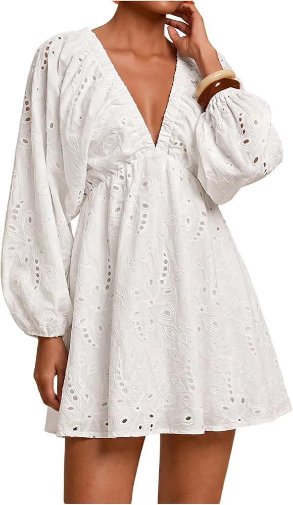 RoseSeek Women's Boho Floral V Neck Mini Dresses Bishop Sleeve Tie Open Back Tropical Dress | Amazon (US)