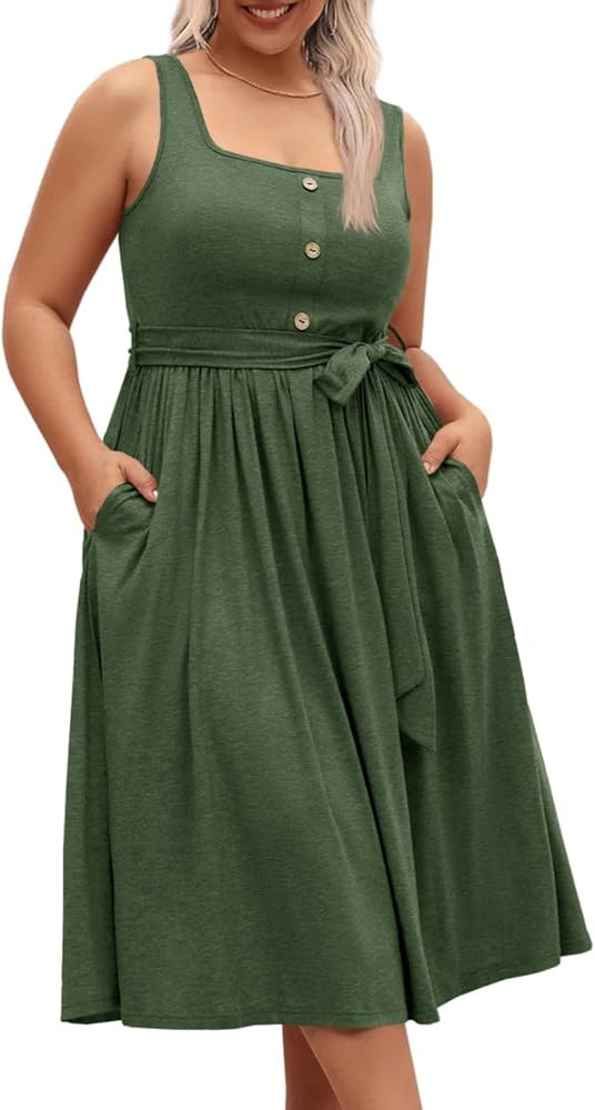Beautife Womens Plus Size Summer Sleeveless A-Line Midi Dress with Pockets | Amazon (US)