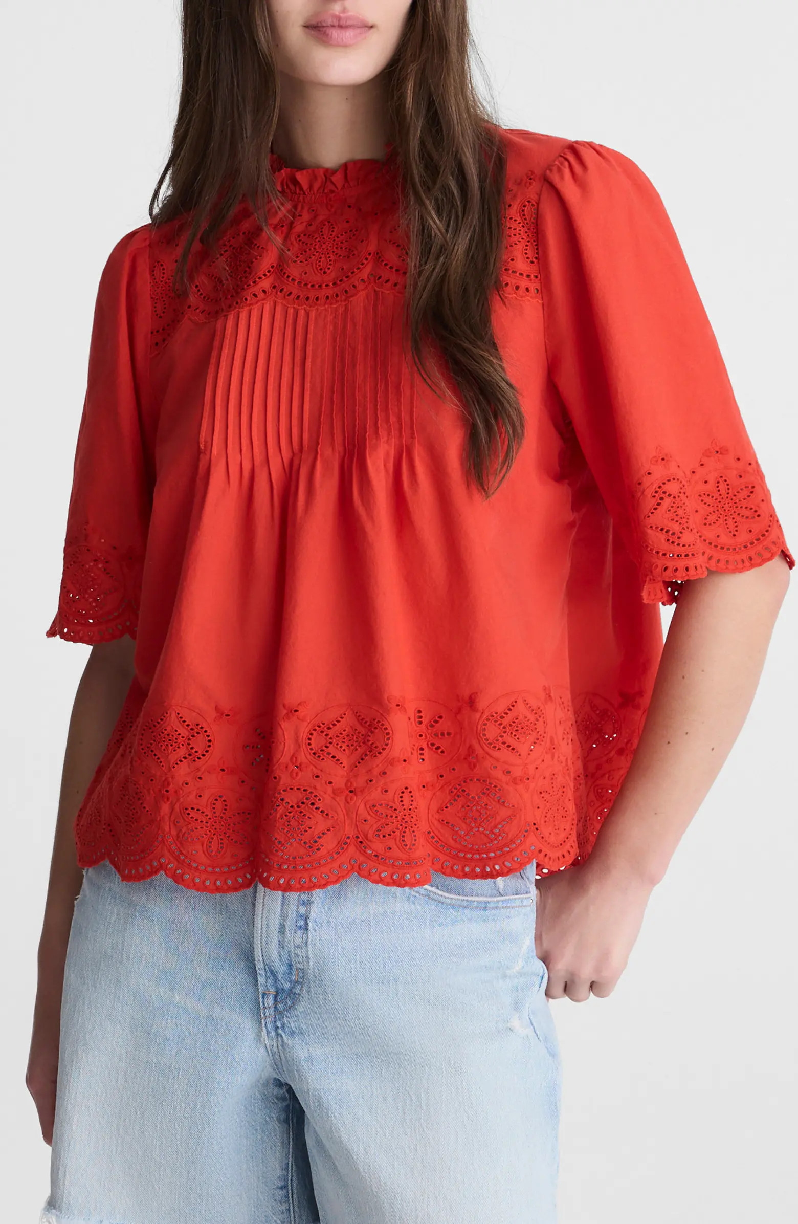 Madewell Embroidered Pintuck High Neck Cotton Voile Top | Nordstrom | Nordstrom