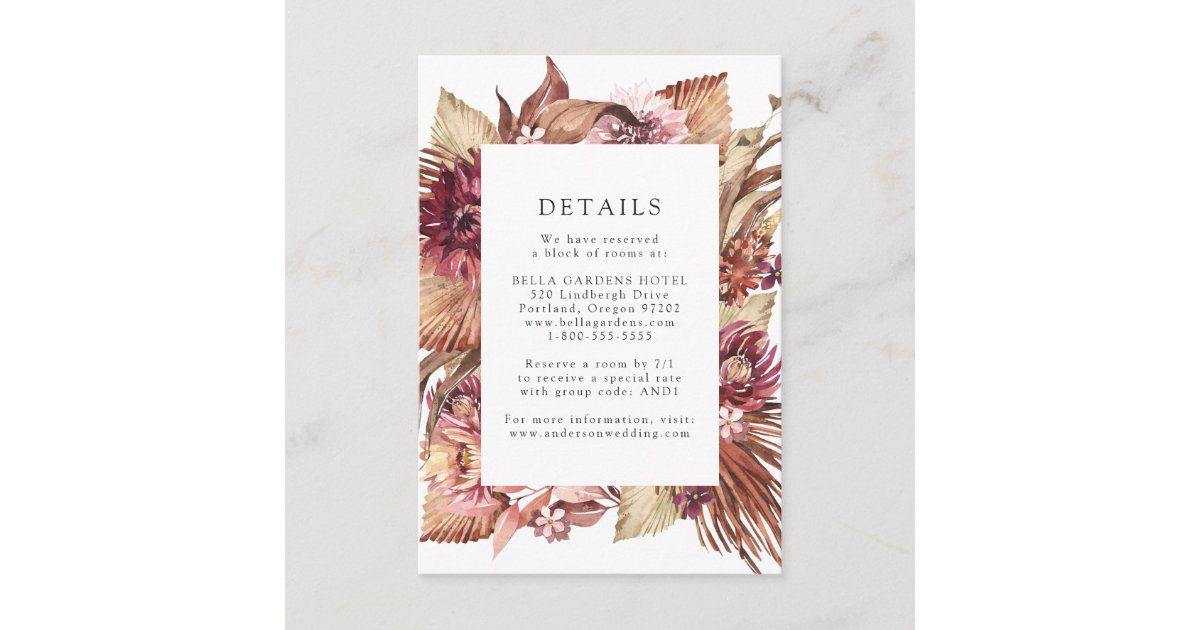 Boho Desert Floral Wedding Details Enclosure Card | Zazzle