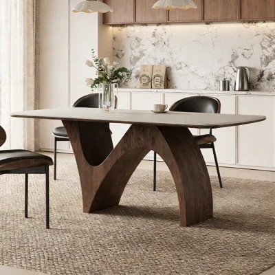 62.9" Modern Dining Table With Marble-like Stone Top And Sculptural Wooden Base | Wayfair North America