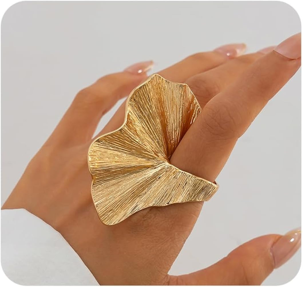 Rrdaily Chunky Gold Ginkgo Leaf Knuckle Ring for Women,Vintage Geometric Pleated Petal Statement ... | Amazon (US)