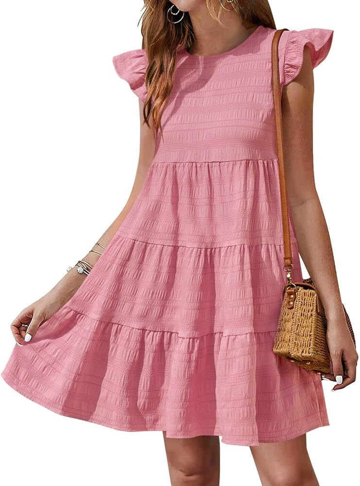 Yousify Summer Dresses for Women 2026 Ruffle Sleeve Mini Babydoll Dress Beach Casual Loose Flowy ... | Amazon (US)