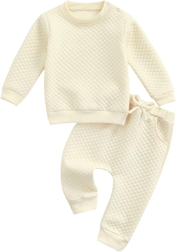 Newborn Baby Boy Girl Clothes Gender Neutral Sweatsuit Unisex Solid Outfit Long Sleeve Warm Pullover | Amazon (US)