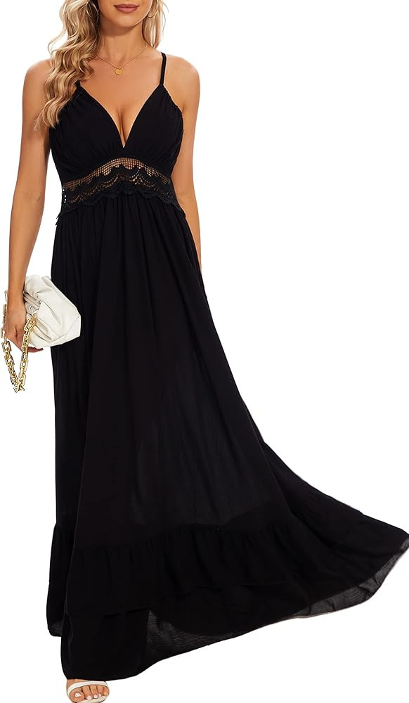 Women's Summer Sexy Deep V Camisole Dress A Line Waist Up Long Beach Sun Dresses | Amazon (US)
