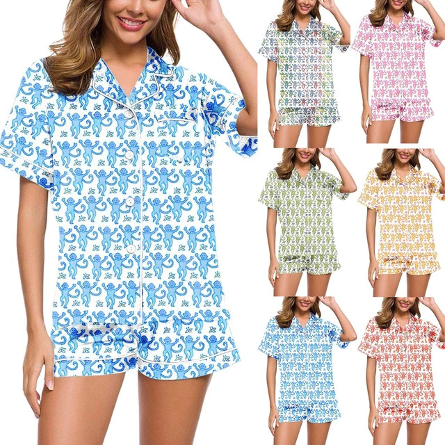 Conjunto de pijama de 2 piezas con estampado de dibujos animados para mujer, camiseta de manga co... | AliExpress (US)