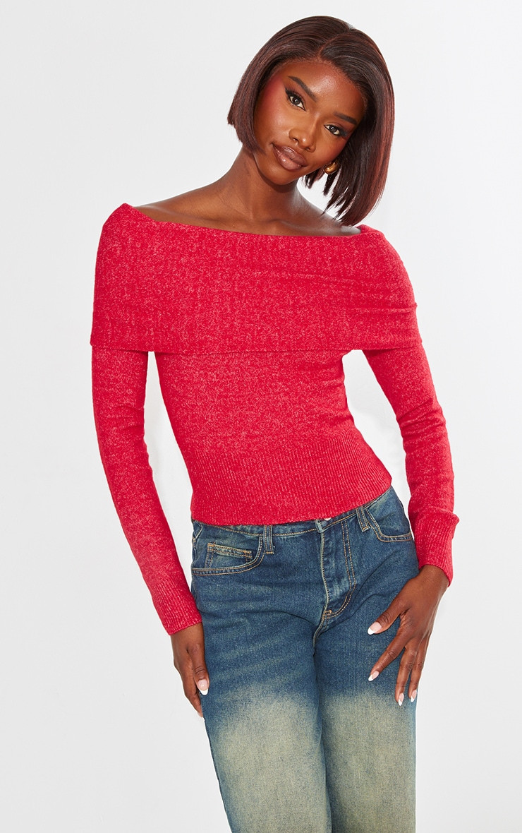 Tall Red Off The Shoulder Knitted Sweater | PrettyLittleThing US