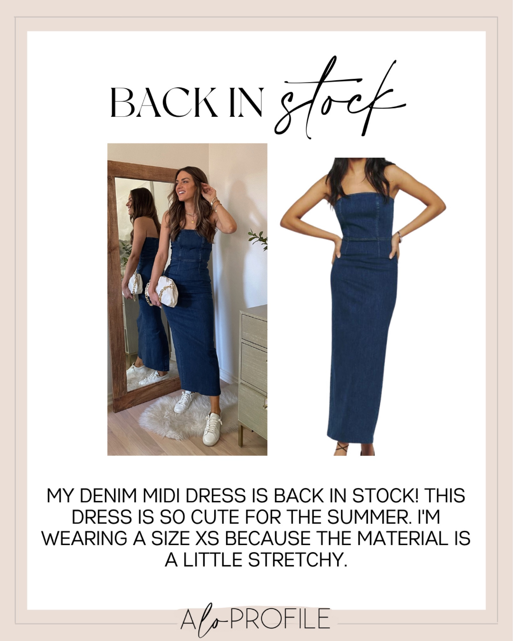 My denim midi dress is back in stock! I’m wearing a size XS in the dress. It’s so perfect for summer! 