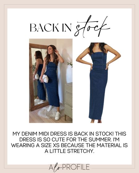 My denim midi dress is back in stock! I’m wearing a size XS in the dress. It’s so perfect for summer! 