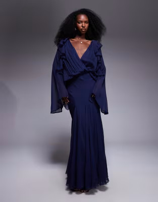 ASOS DESIGN slouchy hip ruffle maxi dress with godets in navy | ASOS | ASOS (Global)
