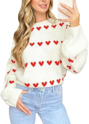 Women Heart Print Sweaters Crewneck Loose Fit Knit Pullover Casual Sweater Tops | Amazon (US)
