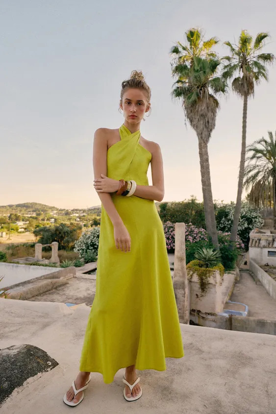 LINEN WRAP HALTER MIDI DRESS | Zara US