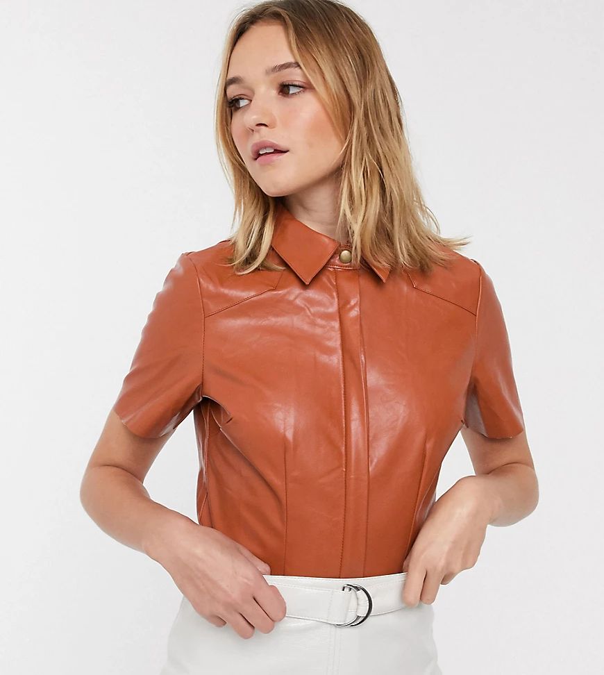 Glamorous crop shirt in soft faux leather-Brown | ASOS (Global)