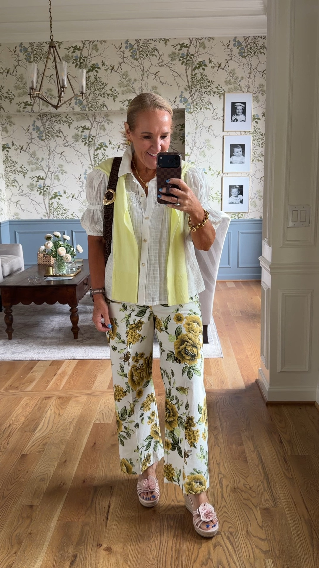 I love how the citron yellow offsets, the olive green and yellow in these floral Colette pants.
Sweater size medium
Pants size 29 regular
White blouse size medium 
I’ll link similar wedges and a similar bag
20% off my bracelet stack code NANETTE20

#LTKSeasonal #LTKootd #LTKOver40