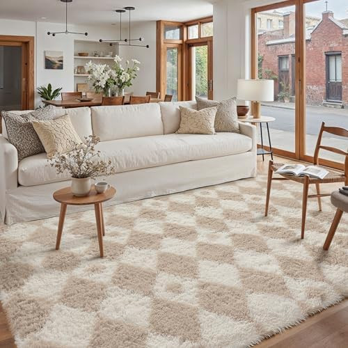 Checkered Rug 5x7 Fluffy Shag Living Room Beige Area Rug Modern Washable Carpet Soft Shaggy Non S... | Amazon (US)