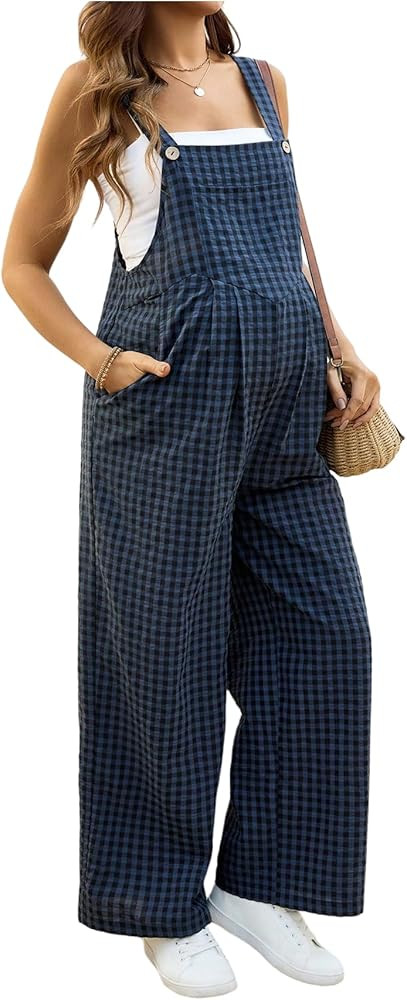 MakeMeChic Women's Maternity Overalls Gingham Print Sleeveless Wide Leg Y2K Pregnancy Jumpsuits | Amazon (US)