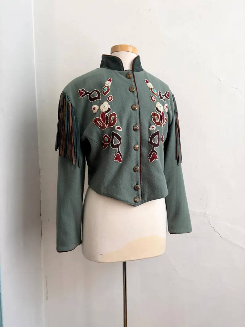 Vintage Double D Ranchwear Medium Fringed Beaded Wool Suede Western Military Jacket | Etsy (US)