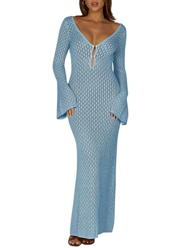 Saodimallsu Womens Crochet Maxi Cover Up Dress Beach Swim Vacation Coverups Long Sleeve Sexy Bodycon Summer Knit Dresses Navy Blue | Amazon (US)