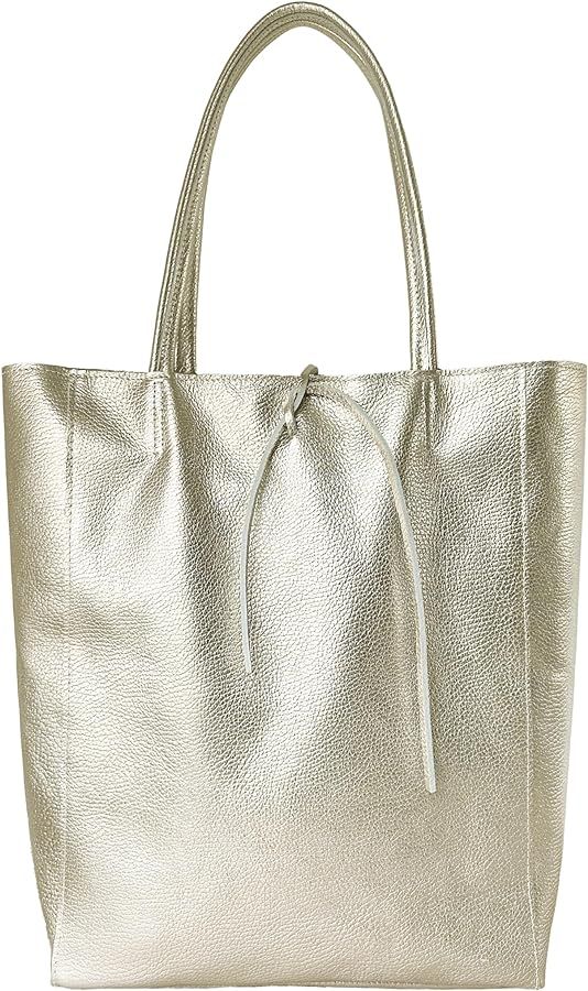 Italian Genuine Metallic Leather Tote Bag for Women with Zipper | Large Tall Soft Handbag Purse f... | Amazon (US)