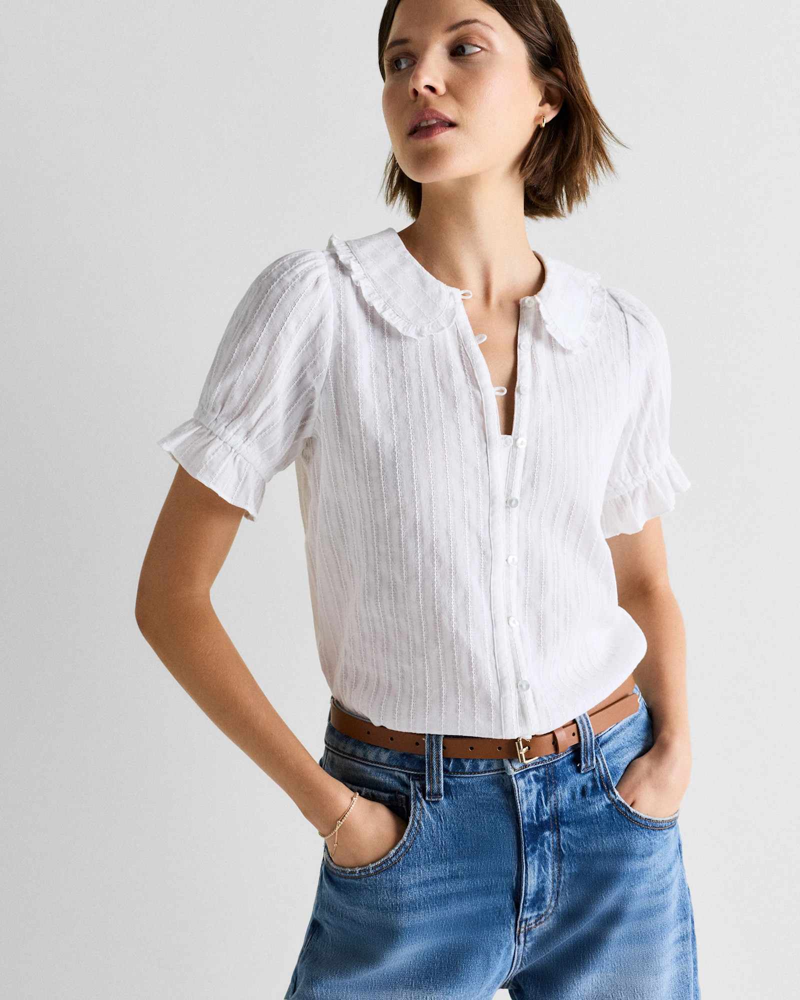 Quince | Women's Embroidered Cotton Ruffle Collar Short Sleeve Blouse in Classic White, Size Small, Organic Cotton | Quince