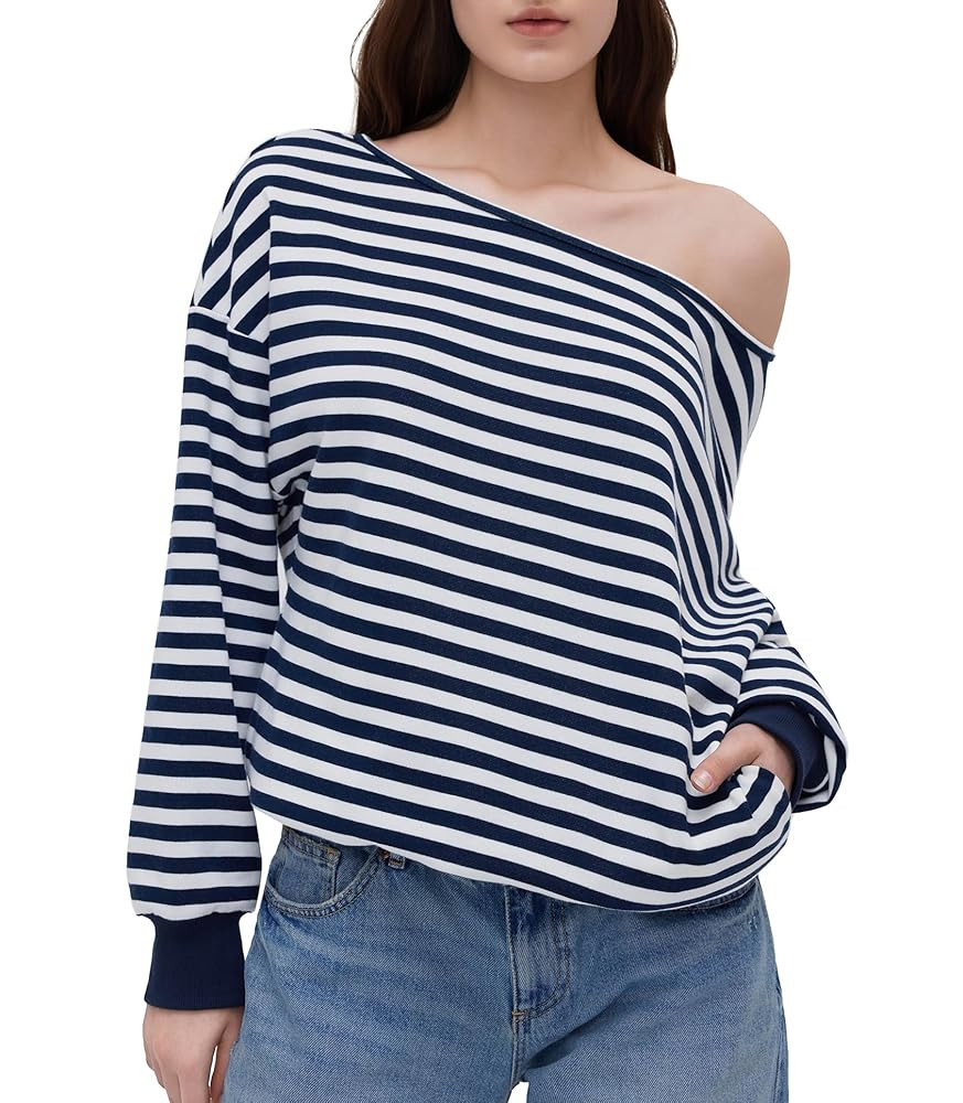 OMKAGI Off the Shoulder Tops for Women Long Sleeve Oversized Sweatshirt with Pockets | Amazon (US)