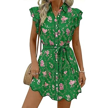 Wenrine Womens Summer Button Down Shirt Dress Casual Collar V Neck Floral Ruffle Sleeve Boho Beac... | Amazon (US)