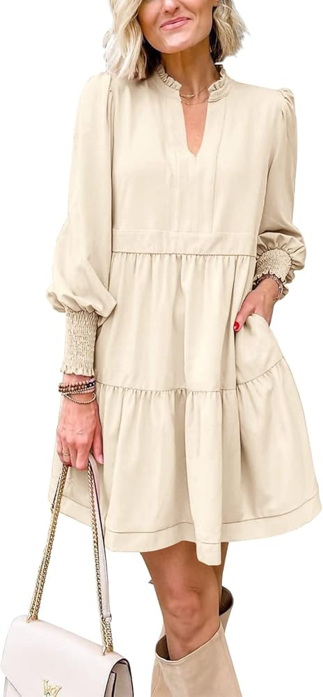 Imily Bela Womens Fall Long Sleeve Tunic Dress Casual V Neck Loose Ruffle Tiered Dress | Amazon (US)