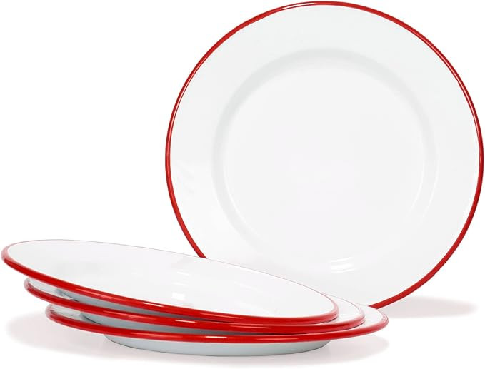Red Co. Set of 4 Enamelware Metal Classic 10" Round Dinner Plate, Solid White/Red Rim | Amazon (US)