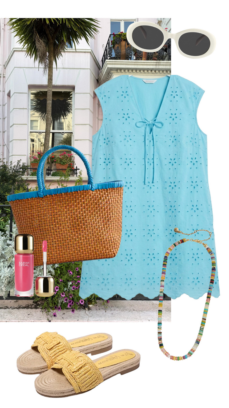 This bright blue eyelet dress is a total summer dream and pairs so perfectly with these yellow woven slides! I love how the colorful beaded necklace and woven tote pull the whole vacation vibe together. ✨ 

 #LTKgrwm #LTKootd #LTKSeasonal