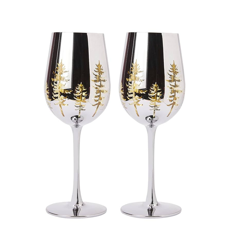 Crystal Christmas Tree Stemmed Wine & Water Glasses - Set of 2 - Holiday Themed Vibrant Gold Etch... | Amazon (US)