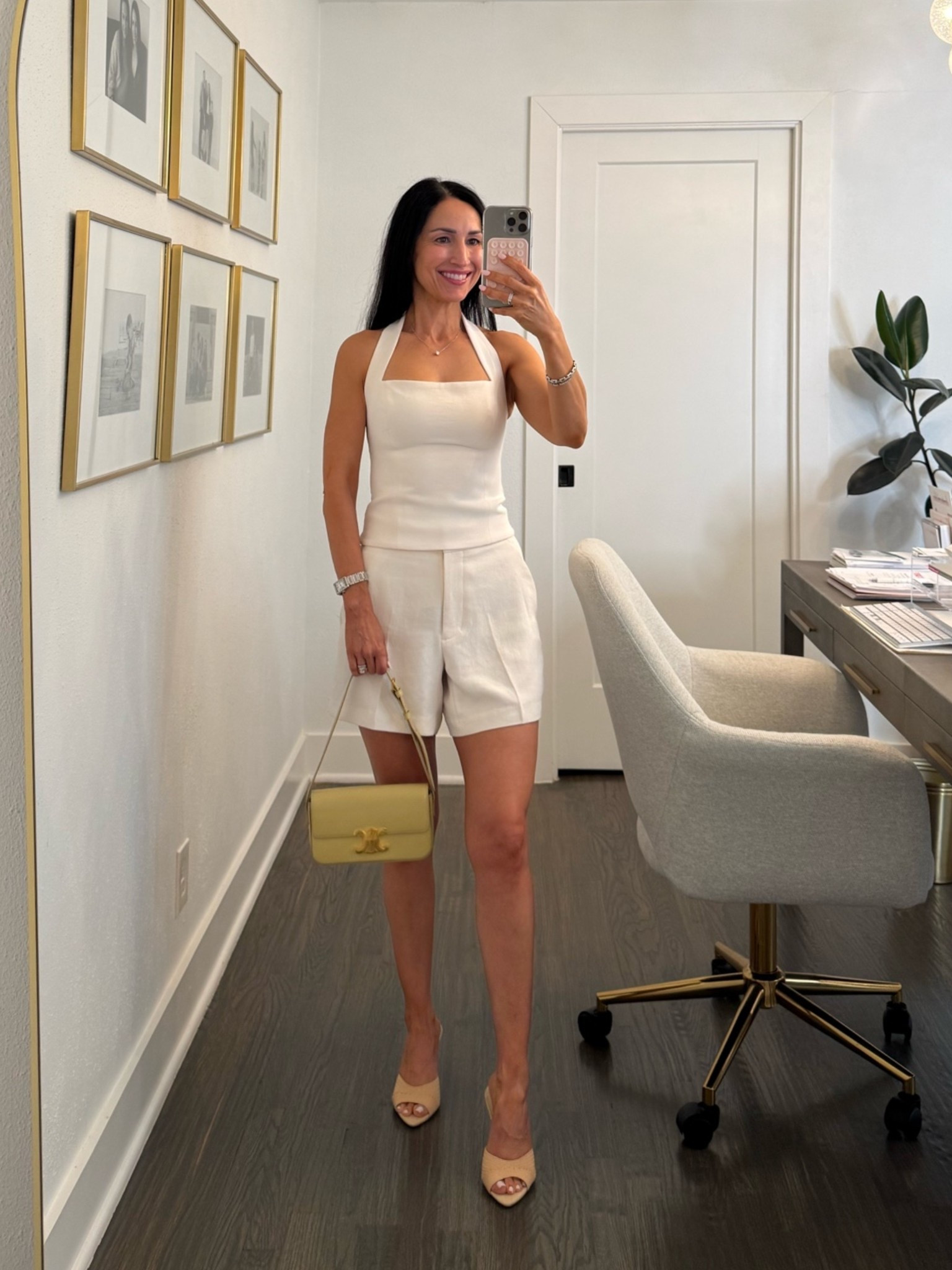 Friday night dinner outfit✨ Aritzia halter and shorts with butter yellow Celine triomphe handbag from Keeks! Nordstrom heels under $80.

#LTKOver40 #LTKPetite #LTKSeasonal