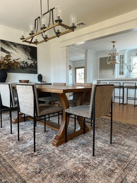 Organic modern dining room. Dining chairs, rustic wood dining table, area rug. Neutral decor. Boucle. Kitchen counter stools. Chandelier. Use code EASTCOAST44 for 20% off my seating.

#LTKhome #LTKfamily #LTKsalealert