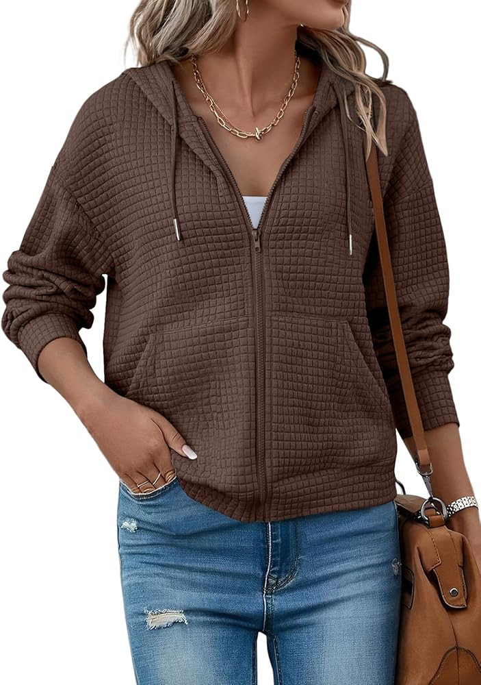 SHEWIN Womens Zip Up Hoodies Oversized Sweatshirt Fall Fashion Outfits 2025 Casual Waffle Hooded ... | Amazon (US)