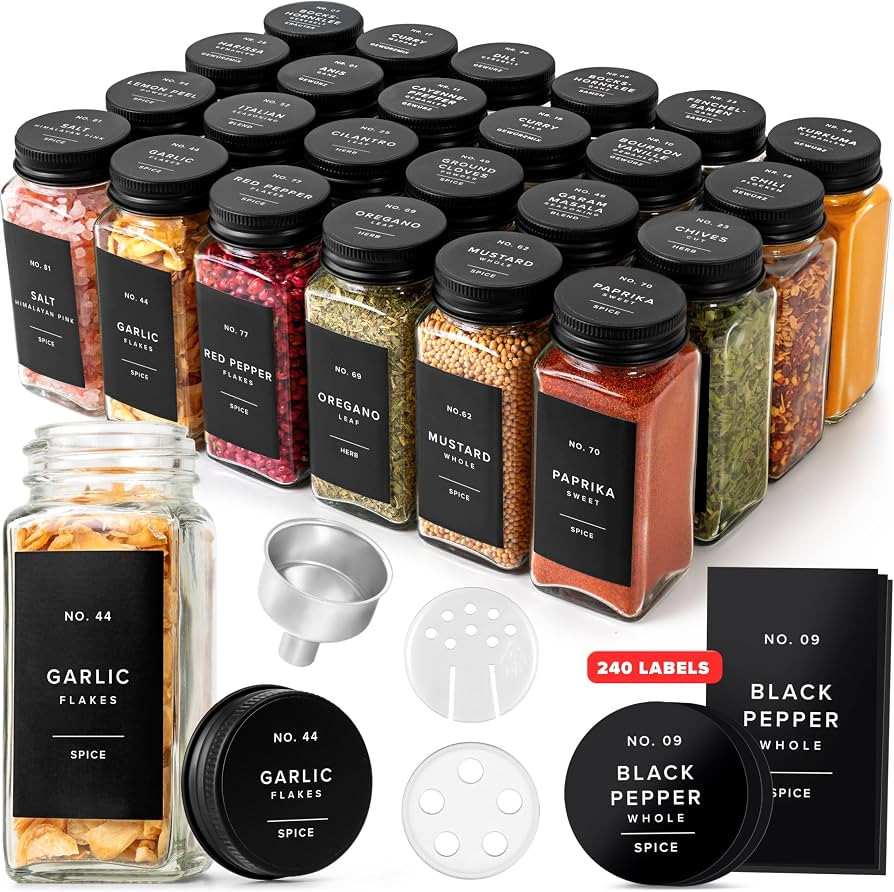 EDELHAUS Glass Spice Jars with Label and Black Aluminium Lids (24 x 4oz) Spice Containers with 24... | Amazon (US)