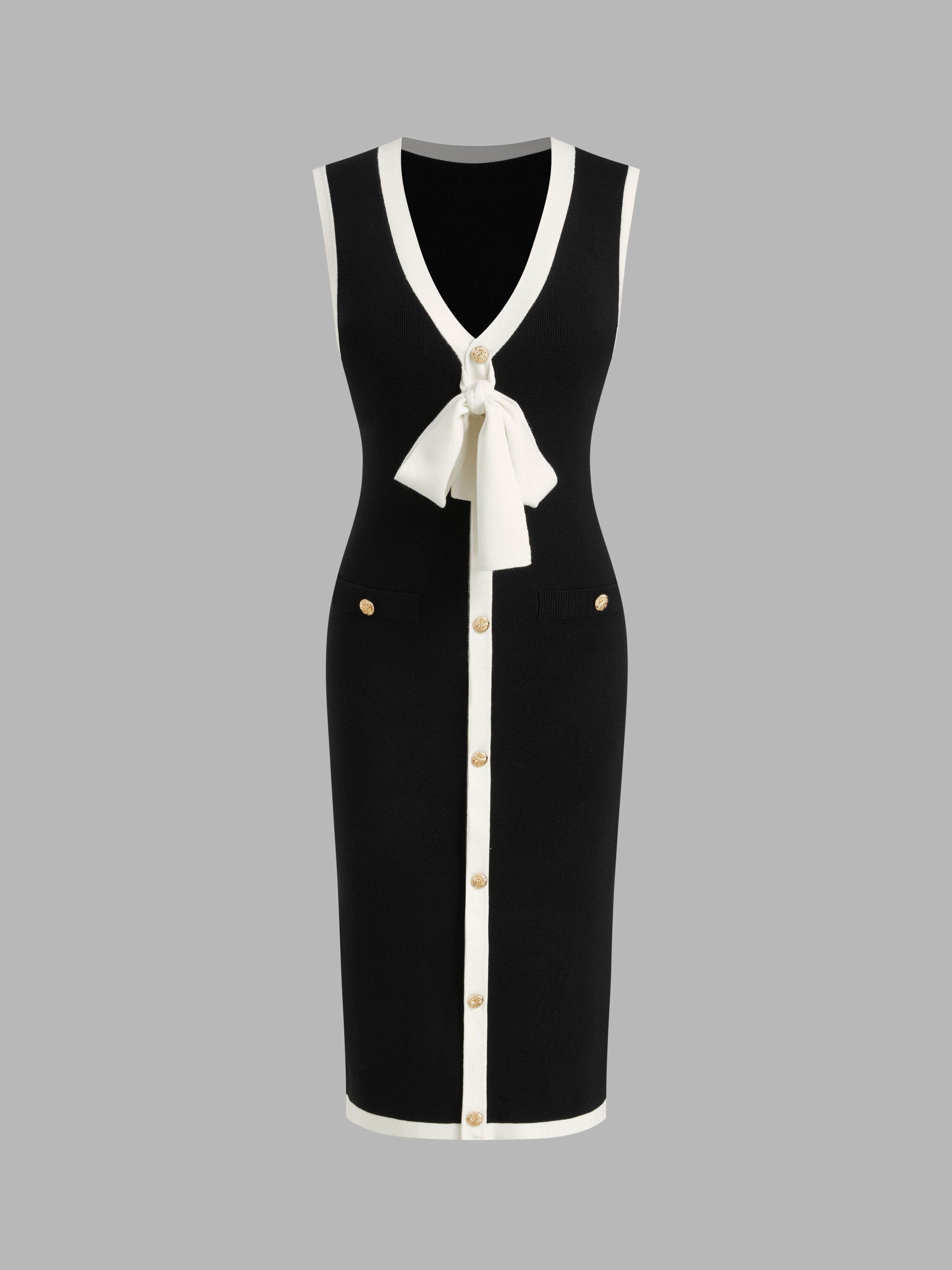 Knit Fabric Knit V-neck Solid Contrasting Binding Button Knotted Midi Dress For Date Wedding | Cider