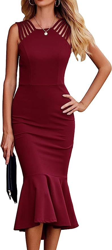 PRETTYGARDEN Women's Elegant Midi Bodycon Dress Sleeveless Backless Ruffle Hem Mermaid Formal Coc... | Amazon (US)