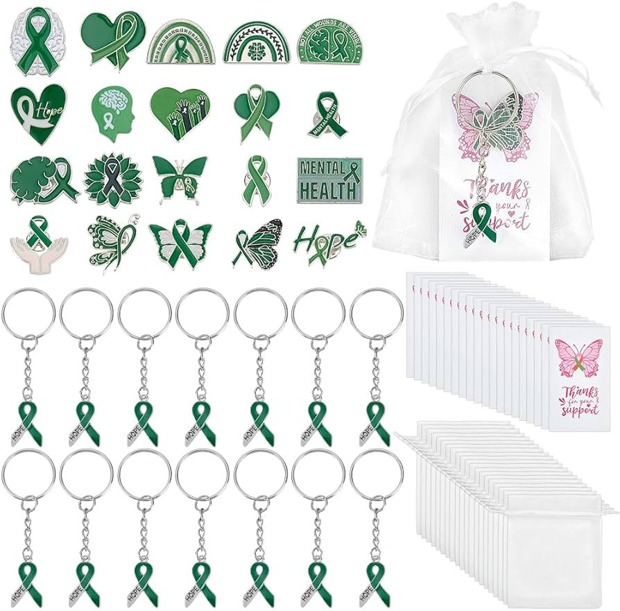 PH PandaHall 20 Sets Mental Health Awareness Pins and Keychain Green Enamel Ribbon Pins Brooches ... | Amazon (US)